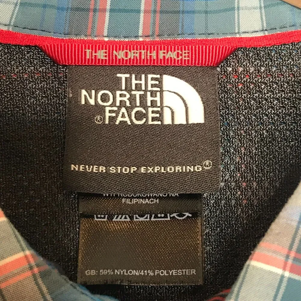 The North Face Shirt Mens Large Blue Red Short Sleeve Button Up Hiking Outdoors
